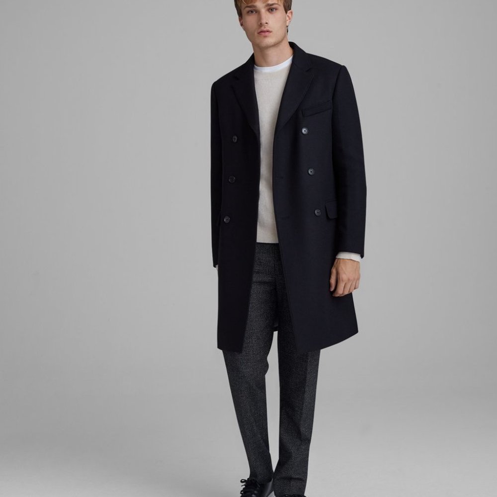 Authentic CLUB MONACO Mens Double Breasted Wool Top Coat Black Sz 42